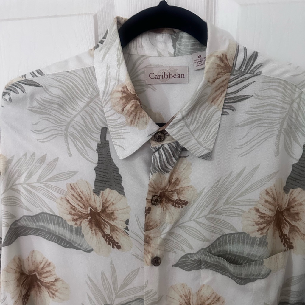 Caribbean Men's Floral Shirt - White, Brown, And Gray Xl